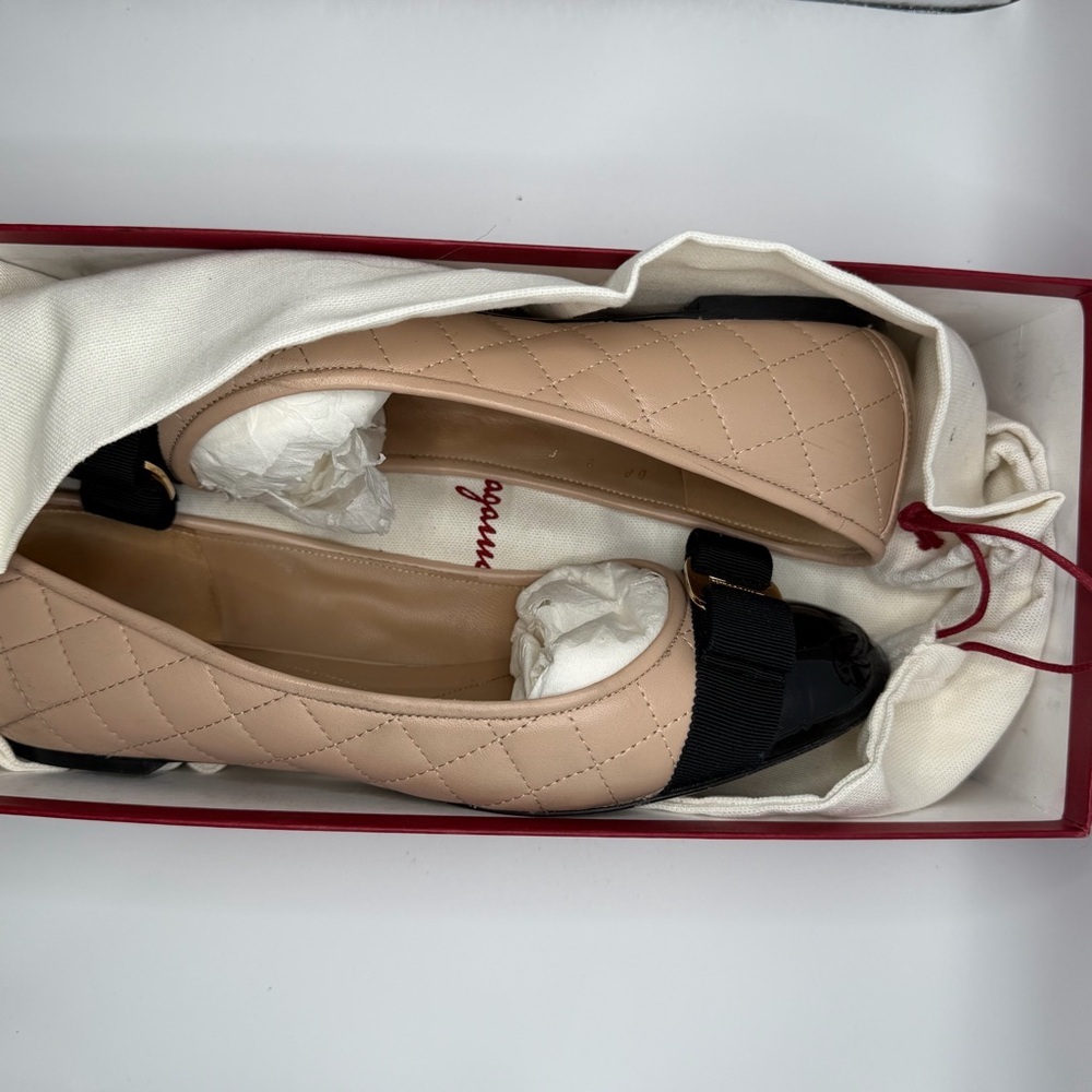 Salvatore Ferragamo Varina Q Quilted Ballet Flats Black Nude Size 9C - Picture 7 of 10